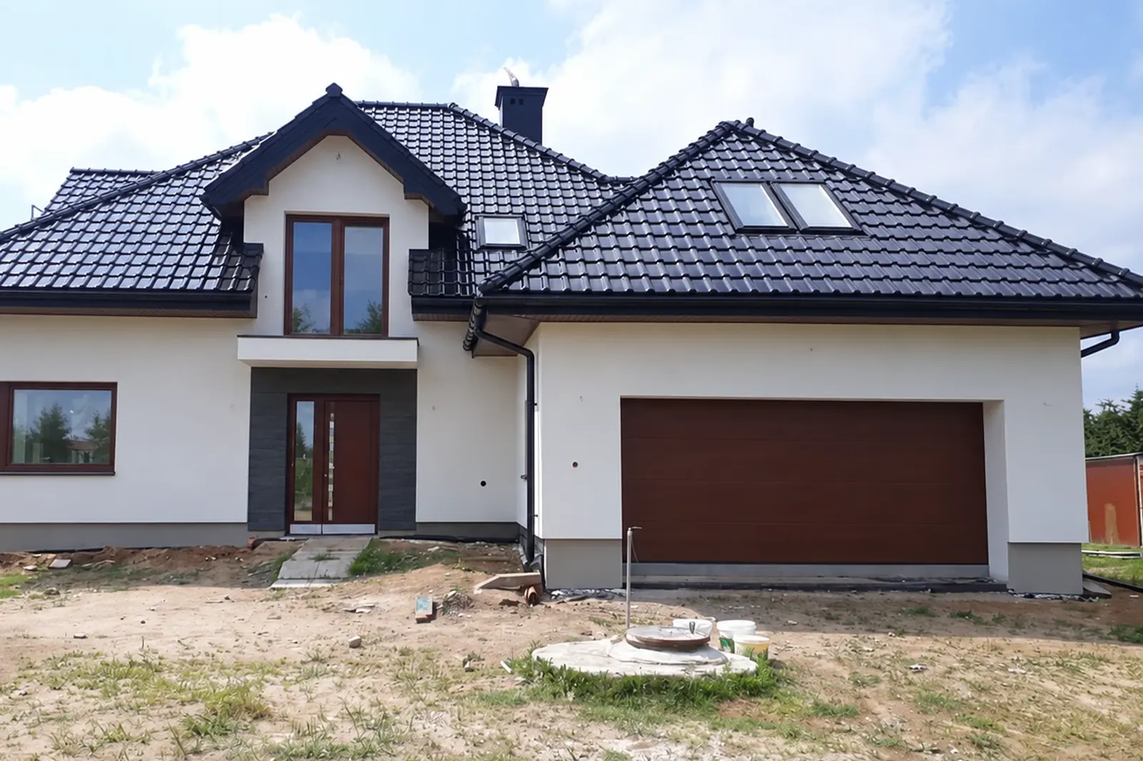Ten sam dom po zakończeniu prac: jasna elewacja z ciemniejszym cokołem i brązową bramą garażową